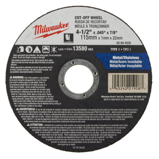 Milwaukee® 49-94-4500 Type 1 Cut-Off/Raised Hub Wheel, 4-1/2 in Dia x 0.045 in THK, 7/8 in Center Hole, A60T Grit, Aluminum Oxide Abrasive
