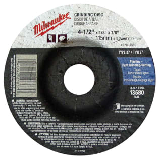 Milwaukee® 49-94-4510 Type 27 Reinforced Grinding Disc, 4-1/2 in Dia x 1/8 in THK, 7/8 in Center Hole, 30 Grit, Aluminum Oxide Abrasive