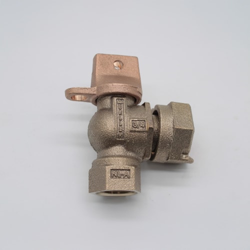 Mueller Co 300™ B-24265RN 5/8 Angle Ball Meter Valve, 5/8 x 3/4 x 3/4 in Nominal, FNPT x Meter, Brass Body, EPDM/Nitrile Softgoods