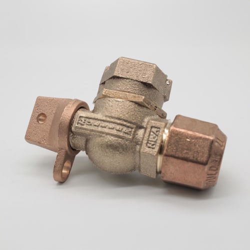 Mueller Co 300™ B-24258N 5/8 x 3/4 x 3/4 Angle Ball Meter Valve, 5/8 x 3/4 x 3/4 in Nominal, CTS x Meter, Cast Brass Body, EPDM/Nitrile Softgoods