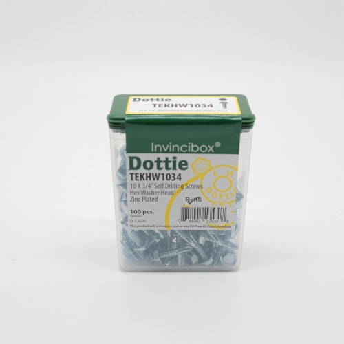 Dottie® TEKHW1034 Self-Drilling Screw, #10, 3/4 in OAL, Hex Washer Head, Steel, Zinc Plated