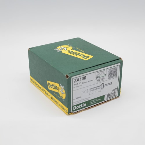 Dottie® ZA100 Anchor With Pin, 1/4 in Dia, 1 in OAL, Zamak Alloy Body Shell, Carbon Steel Pin, Flat Head