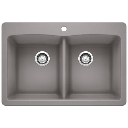 Blanco 440219 DIAMOND™ SILGRANIT® Equal Double Bowl Dual Mount Kitchen Sink With Ledge, DIAMOND™ SILGRANIT®, Rectangle Shape, 1 Faucet Holes, 33 in W x 22 in H, Drop-In/Under Mount, Granite, Metallic Gray, Import