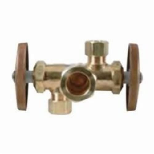 BrassCraft® CR1901DV R Multi-Turn Dual Outlet/Dual-Shut-Off Angle Stop, 1/2 x 3/8 x 3/8 in Nominal, Compression, 125 psi, Brass Body, Rough Brass, Domestic