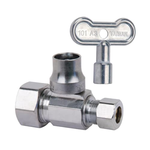 BrassCraft® KTSCR14X C 1/4-Turn Straight Ball Stop With Loose Key, 1/2 x 3/8 in Nominal, Compression End Style, 125 psi Pressure, Brass Body, Polished Chrome, Domestic