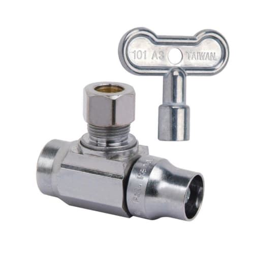 BrassCraft® KTSR19X C Quarter Turn Angle Ball Stop, 1/2 x 3/8 in Nominal, Compression OD x C End Style, 125 psi Pressure, Brass Body, Polished Chrome, Domestic