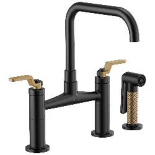 Brizo® 62554LF-BLGL Litze™ Widespread Bridge Kitchen Faucet With Matching Side Spray, 1.8 gpm Flow Rate, 8 in Center, Square Spout, Matte Black/Luxe Gold, 2 Handles, Domestic