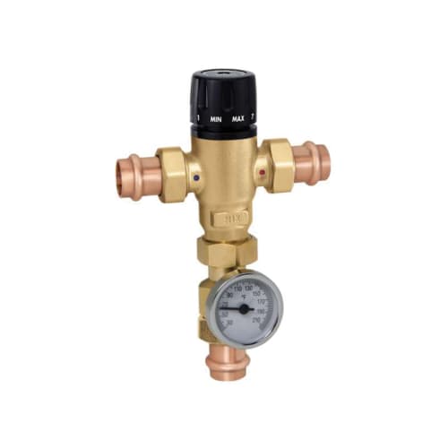 Caleffi MixCal™ 521616A 3-Way Adjustable Thermostatic and Pressure Balanced Mixing Valve, 1 in, Press, 200 psi, 1 gpm, Brass Body