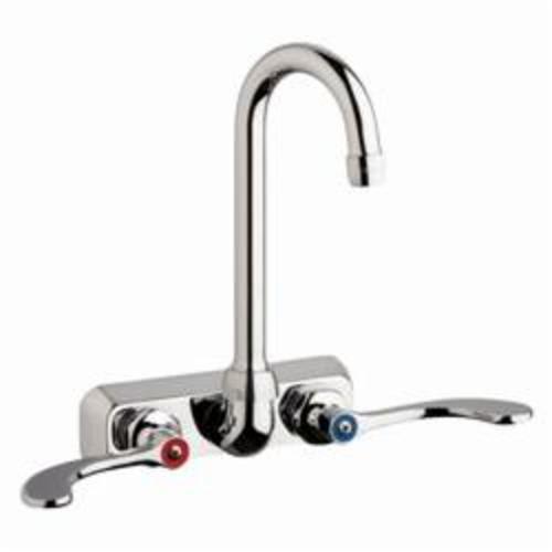 Chicago Faucet® W4W-GN1AE35-317AB Hot and Cold Water Workboard Sink Faucet, 1.5 gpm, 4 in Center, Chrome Plated, 2 Handles, Wall Mount, Domestic, Commercial