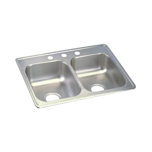 Elkay® D225193 Kitchen Sink, Dayton®, Rectangular, 10 in L x 14 in W x 6-1/8 in D Left Bowl, 10 in L x 14 in W x 6-1/8 in D Right Bowl, 3 Faucet Holes, 25 in L x 19 in W x 6-5/16 in H, Top Mount, Stainless Steel, Satin