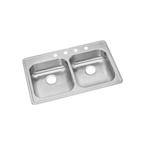 Elkay® GE233224 Kitchen Sink, Dayton®, Rectangular, 14 in L x 15-3/4 in W x 5-1/4 in D Left Bowl, 14 in L x 15-3/4 in W x 5-1/4 in D Right Bowl, 4 Faucet Holes, 33 in L x 22 in W x 5-3/8 in H, Top Mount, Stainless Steel, Satin