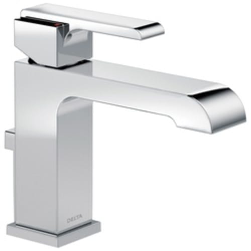 DELTA® 567LF-MPU Ara® Centerset Lavatory Faucet, 1.2 gpm, 5-1/4 in H Spout, 1 Handle, Pop-Up Drain, 1/3 Faucet Holes, Chrome Plated, Commercial