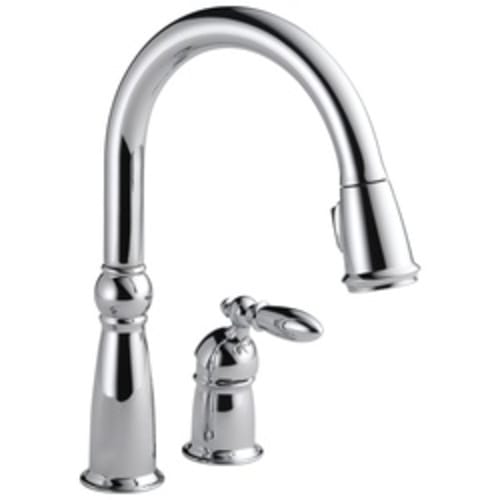 DELTA® 955-DST Victorian® Pull-Down Kitchen Faucet, 1.8 gpm Flow Rate, Polished Chrome, 1 Handles, 2 Faucet Holes, Function: Traditional, Domestic