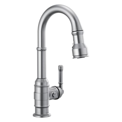 DELTA® 9990-AR-DST Broderick™ Pulldown Bar/Prep Faucet, 1.8 gpm Flow Rate, Arctic™ Stainless Steel, 1 Handles, 1 Faucet Holes, Function: Traditional, Domestic, Commercial/Residential