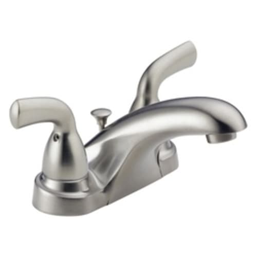 DELTA® B2510LF-SS Foundations® Centerset Lavatory Faucet, 1.2 gpm, 2-1/2 in H Spout, 4 in Center, Stainless Steel, 2 Handles, Pop-Up Drain, Commercial