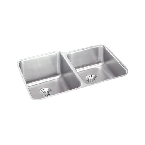 Elkay® ELUH3120RPD Offset Kitchen Sink, Gourmet, Rectangular, 14 in L x 18 in W x 9-7/8 in D Left Bowl, 13-1/2 in L x 16 in W x 7-7/8 in D Right Bowl, 31-1/4 in L x 20-1/2 in W x 9-7/8 in H, Under Mount, Stainless Steel, Lustertone