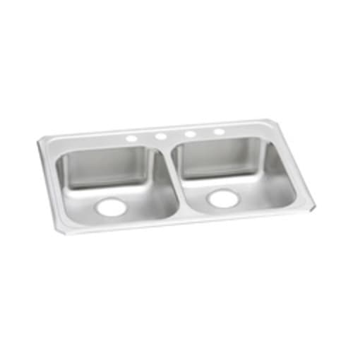 Elkay® GECR33213 Kitchen Sink, Celebrity, Rectangular, 14 in L x 15-3/4 in W x 5-1/4 in D Left Bowl, 14 in L x 15-3/4 in W x 5-1/4 in D Right Bowl, 3 Faucet Holes, 33 in L x 21-1/4 in W x 5-3/8 in H, Top Mount, Stainless Steel, Brushed Satin