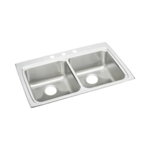 Elkay® LRAD3322654 Lustertone™ Classic Kitchen Sink, Rectangle Shape, 13-1/2 in Left, 13-1/2 in Right L x 16 in Left, 16 in Right W Bowl x 6-1/8 in Left, 6-1/8 in Right D Bowl, 4 Faucet Holes, 33 in L x 22 in W x 6-1/2 in H, Top Mounting, Stainless Steel