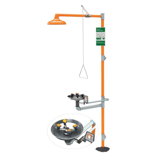 Guardian GBF1909 Combination Eye/Face Wash and Shower Safety Station, Stainless Steel Eyewash Bowl, ABS Plastic Shower Head, Floor Mounting, Pull Rod Handle Operation, Specifications Met: ANSI Z358.1-2014, ADA Approved, cUPC 8116