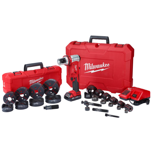 Milwaukee® M18™ FORCELOGIC™ 2677-23 Knockout Tool Kit, 14 ga THK, 1/2 to 4 in Capacity Mild Steel, 18 VAC, Stainless Steel