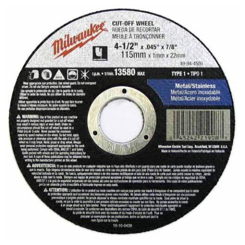 Milwaukee® 49-94-4500 Type 1 Cutting Wheel, 4-1/2 in Dia x 0.045 in THK, 7/8 in, A60T Grit, Aluminum Oxide Abrasive