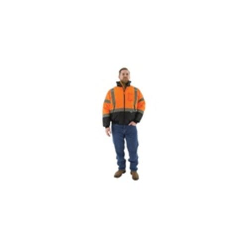 Majestic Glove 75-1314/L Bomber Jacket With Quilted Liner, Black Bottom/Hi-Viz Orange, Polyester/Polyurethane Coated, 55-1/8 in Chest, Resists: Water, Specifications Met: ANSI/ISEA 107-2015 Class 3 Type R