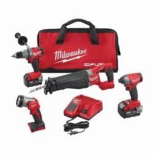 Milwaukee® 2896-24 M18 FUEL™ 4-Tool Cordless Combination Kit, Tools: Hammer Drill, Impact Driver, Reciprocating Saw, 18 V, 5 Ah Lithium-Ion, Keyless