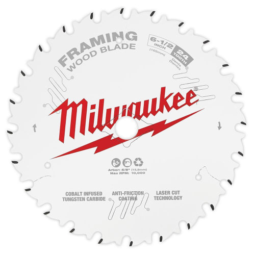 Milwaukee® 48-40-0620 Framing Thin Kerf Circular Saw Blade, 6-1/2 in Dia x 1.05 in THK, 5/8 in Arbor, Carbide Blade, 24 Teeth