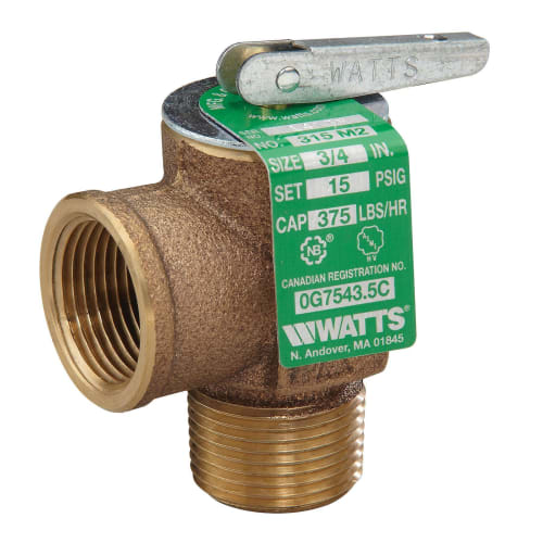 WATTS® 0342629 315M2-015 Safety Relief Valve, 3/4 in, MNPT x FNPT, 15 psi, Bronze Body