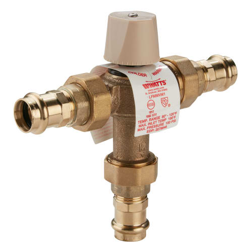 WATTS® 6550791 LFMMV, LFMMVM1-UT Thermostatic Mixing Valve With Press Connection, 1/2 in, Union Threaded, 150 psi, 20 gpm, Copper Silicon Alloy Body