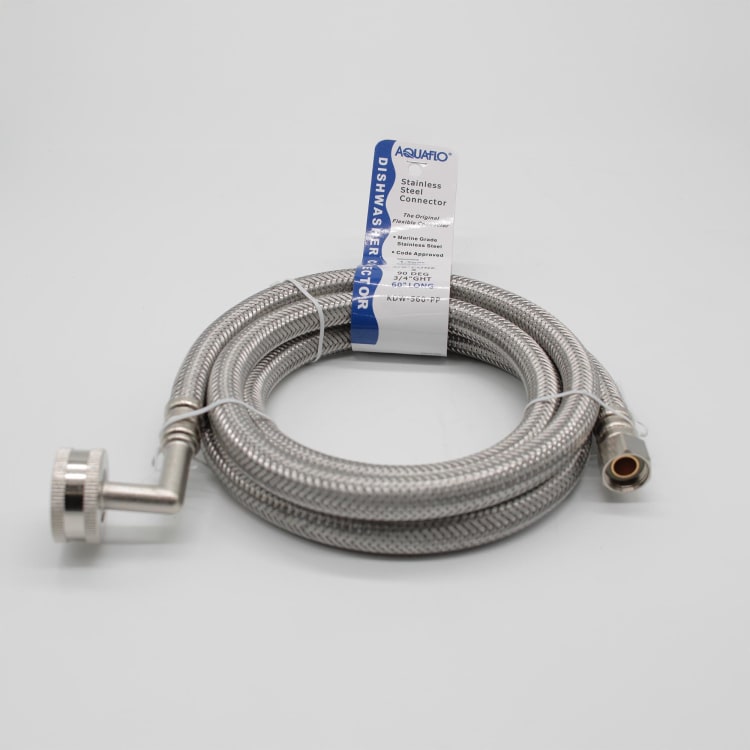 Aquaflo® MightyFlex™ KDW-560-PP Braided Dishwasher Connector With 90 deg Elbow, 3/8 x 3/4 in, Compression Soft Cone x Female Garden Hose Thread, 60 in L, 160 psi, Stainless Steel
