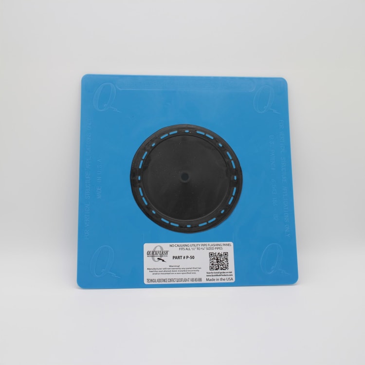 QUICKFLASH P-50 PLUMBING, GAS & HVAC FLASHING PANEL FITS 1/2"- 3/4" COPPER, RIGID, PVC PIPES NOTE: ALSO USED WITH ELECTRICAL PIPES THROUGH BRICK AND S