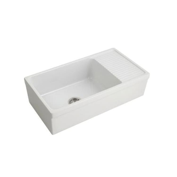 Barclay FSSDR1008-WH Inez Band Apron Front Farmer Sink With Drainboard, Rectangle Shape, 35-1/2 in W x 19-3/4 in D x 10 in H, Under Mount, Fireclay, White, Import