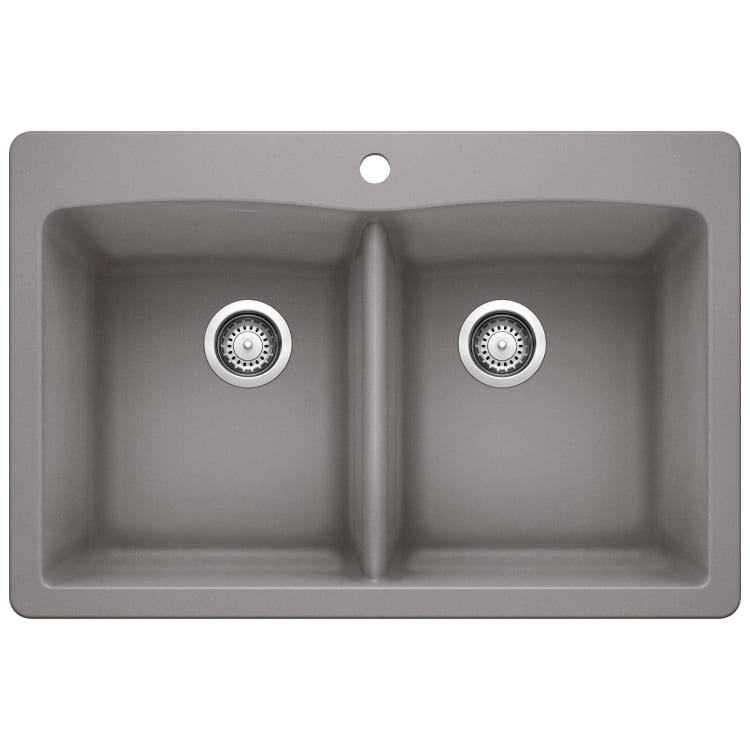 Blanco 440219 DIAMOND™ SILGRANIT® Equal Double Bowl Dual Mount Kitchen Sink With Ledge, DIAMOND™ SILGRANIT®, Rectangle Shape, 1 Faucet Holes, 33 in W x 22 in H, Drop-In/Under Mount, Granite, Metallic Gray, Import