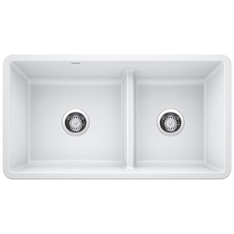 Blanco 442524 PRECIS™ SILGRANIT® Low Divide 1-3/4 Bowl Composite Sink, White, Rectangle Shape, 17 in Left, 13 in Right L x 16 in Left, 16 in Right W x 9-1/2 in Left, 9-1/2 in Right D Bowl, 33 in L x 18 in W, Under Mount, Granite