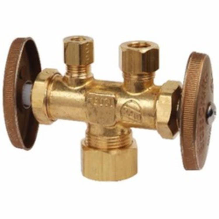 BrassCraft® CR1900DVSX R Multi-Turn Dual Outlet/Dual-Shut-Off Straight Stop, 1/2 x 3/8 x 1/4 in, Compression, 125 psi, Brass Body, Domestic