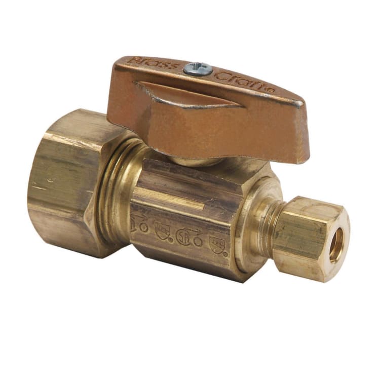 BrassCraft® KTCR04X R 1/4 Turn Water Supply Stop, 1/2 x 1/4 in Nominal, Compression x OD Compression, 125 psi, Brass Body, Rough Brass, Domestic