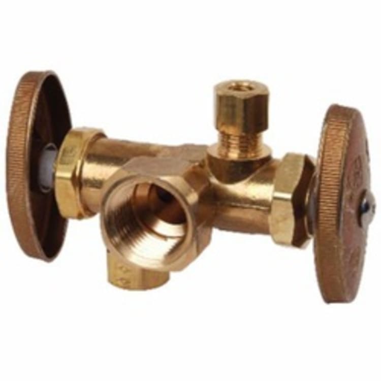 BrassCraft® R1700DVX R Multi-Turn Dual Outlet/Dual-Shut-Off Angle Stop, 1/2 x 3/8 x 1/4 in, FNPT x Compression x Compression, 125 psi, Brass Body, Domestic