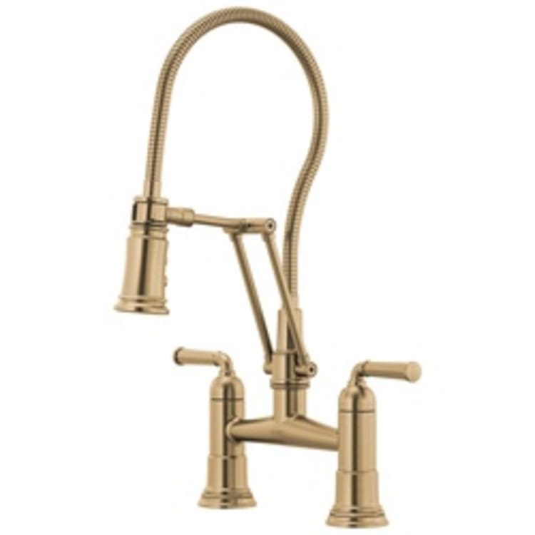 Brizo® 62174LF-GL Rook® Articulating Bridge Faucet With Finished Hose, Commercial, 1.8 gpm Flow Rate, 8 in Center, 360 deg Swivel Spout, Luxe Gold, 2 Handles, Domestic