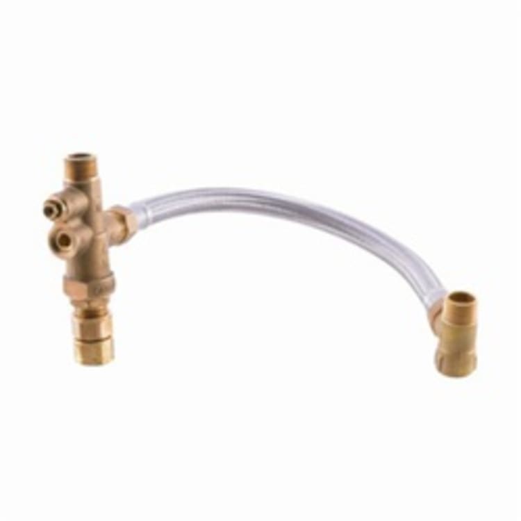 Cash Acme® Heatguard® TankBooster™ PRO 24832 Thermostatic Mixing Valve With Braided Hose and Integral Check, 3/4 in, MNPT x FNPT x NPSH, 150 to 230 psi, 1 to 11 gpm, Bronze Body, Import