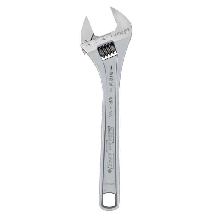 Channellock® 812W Uninsulated Adjustable Wrench, 1-1/2 in, Polished Chrome, 12 in OAL, Chrome Vanadium Steel Body, Chrome Vanadium Steel