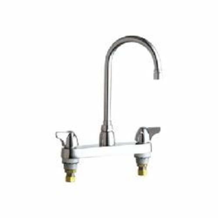 Chicago Faucet® 1100-GN2AE35XKABCP Hot and Cold Water Sink Faucet, 1.5 gpm Flow Rate, 8 in Center, Rigid/Swivel Gooseneck Spout, Polished Chrome