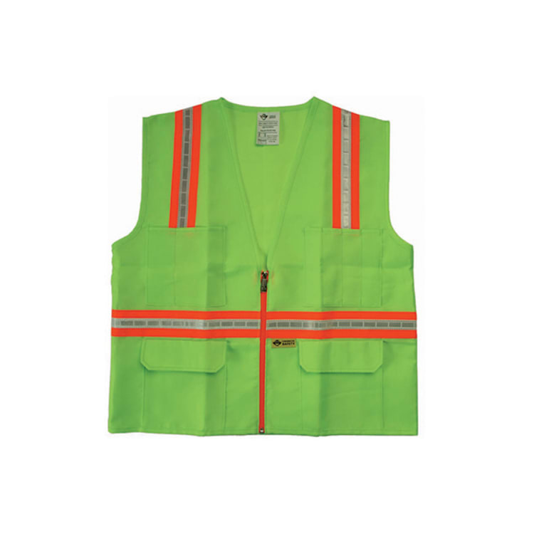 Christy's® 2721 Multi-Pocket Safety Vest With Orange Safety Stripes, L, Fluorescent Neon Green/Glo Lime, Polyester, Front Zipper Closure