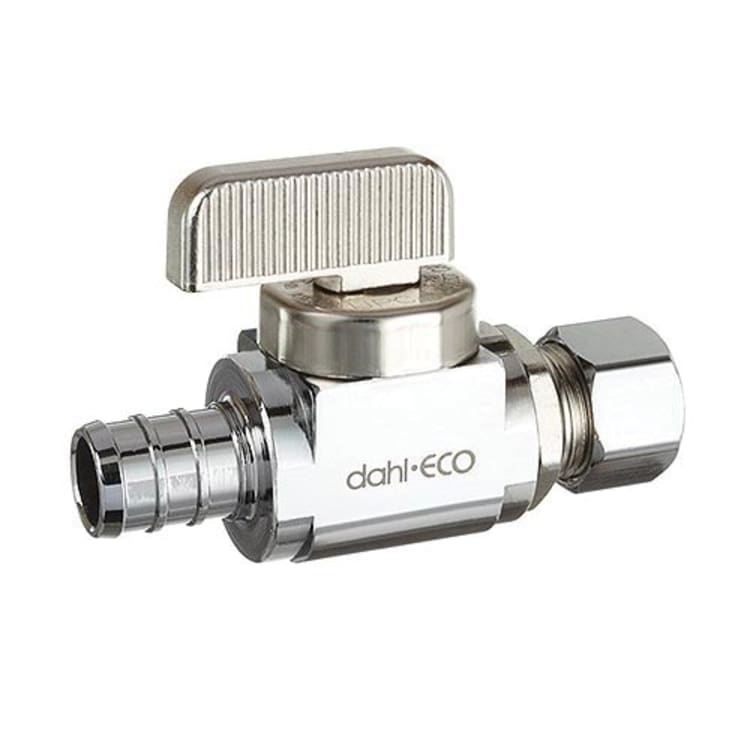 dahl dahal-Eco™ mini-ball™ 511-PX3-31 Straight Supply Stop, 1/2 x 3/8 in Nominal, PEX Crimp x Compression End Style, 250 psi Pressure, Brass Body, Polished Chrome, Import