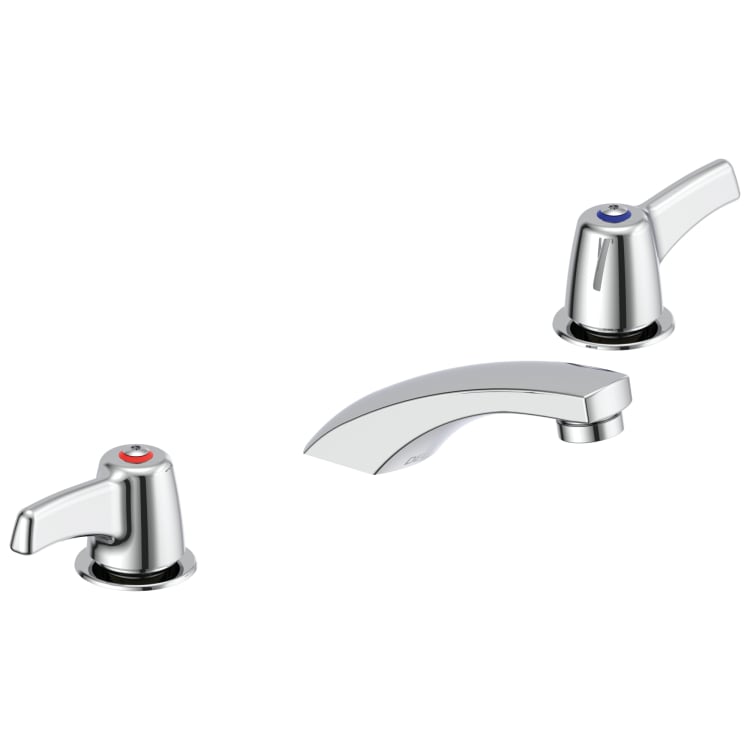 DELTA® 23C333 TECK® Widespread Lavatory Faucet, Commercial, 1.5 gpm Flow Rate, 2 in H Spout, 6 to 12 in Center, Polished Chrome, 2 Handles, Import