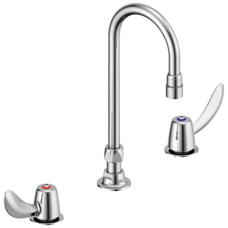 DELTA® 23C642 TECK® Widespread Lavatory Faucet, Commercial, 1.5 gpm Flow Rate, 6.7 in H Spout, 6 to 12 in Center, Polished Chrome, 2 Handles, Import