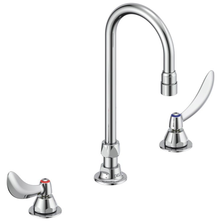 DELTA® 23C644 TECK® Widespread Lavatory Faucet, Commercial, 1.5 gpm Flow Rate, 6.7 in H Spout, 6 to 12 in Center, Polished Chrome, 2 Handles, Import