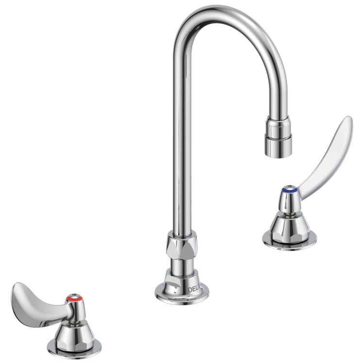 DELTA® 23C654 TECK® Widespread Lavatory Faucet, Commercial, 0.5 gpm Flow Rate, 6.7 in H Spout, 6 to 12 in Center, Polished Chrome, 2 Handles, Import