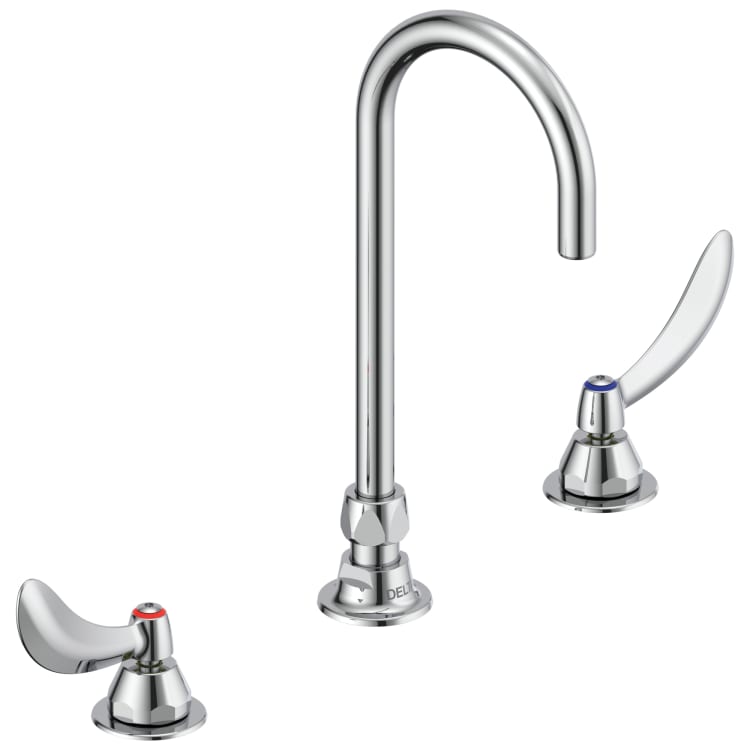 DELTA® 23C674 TECK® Widespread Lavatory Faucet, Commercial, 1 gpm Flow Rate, 7 in H Spout, 6 to 12 in Center, Polished Chrome, 2 Handles, Import