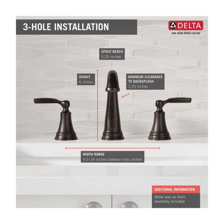 DELTA® 3532LF-RBMPU Woodhurst™ Widespread Bathroom Faucet With Plated Flange and Stopper, 1.2 gpm Flow Rate, 4-7/16 in H Spout, 4-1/2 to 16 in Center, Venetian Bronze, 2 Handles, Metal Pop-Up Drain, Import
